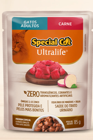 Special Cat Ultralife Sachê – Adulto – Premium Especial – Carne (Caixa com 12 unid. de 85g)