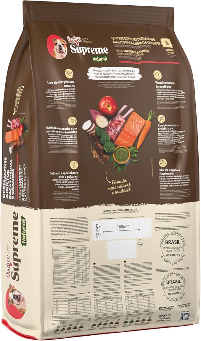 Quatree Supreme Dermasense – Cão – Adulto Raça Média e Grande – Super Premium – Cordeiro e Salmão com Mandioca e Maçã (15kg) - Imagem 2