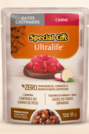 Special Cat Ultralife Sachê – Gato Castrado – Premium Especial – Carne (Caixa com 12 unid. de 85g)