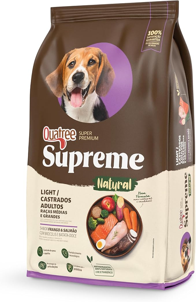 Quatree Supreme Light Castrado - Cão - Adulto Raça Média e Grande - Super Premium - Frango e Salmão com Brócolis e Batata-Doce (15kg)