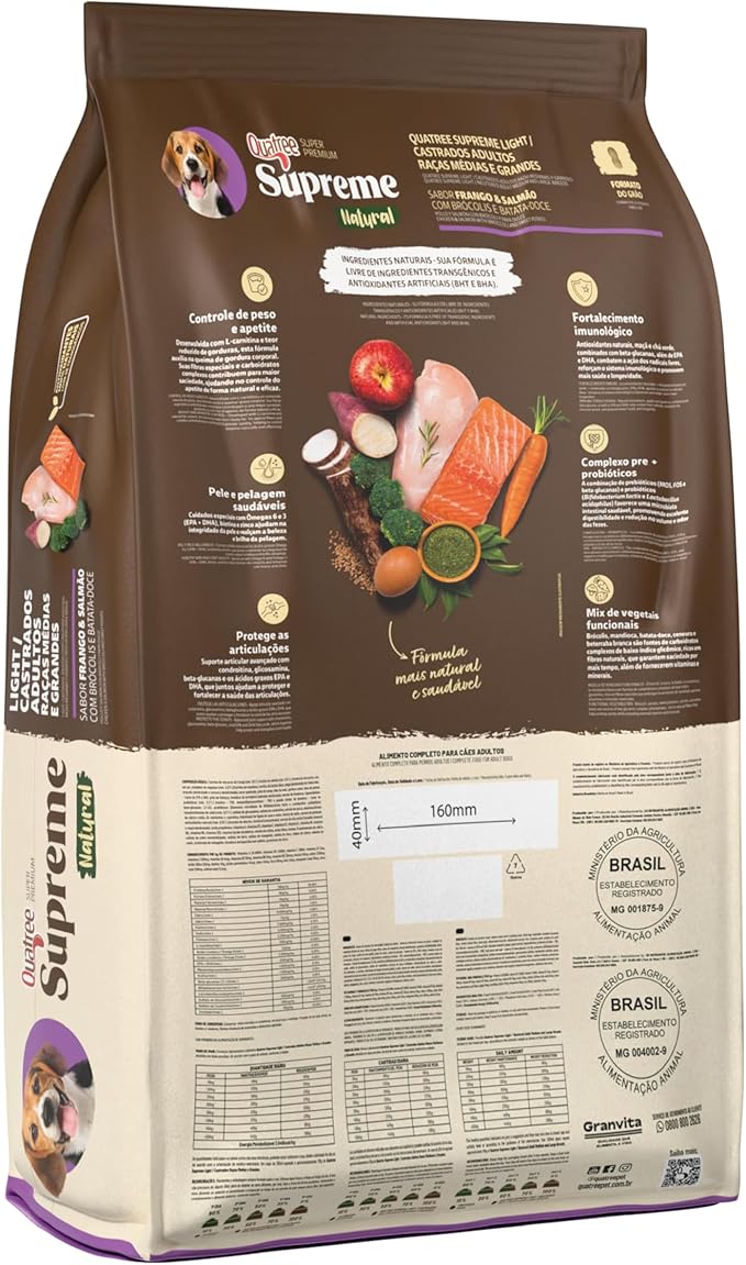 Quatree Supreme Light Castrado - Cão - Adulto Raça Média e Grande - Super Premium - Frango e Salmão com Brócolis e Batata-Doce (15kg) - Imagem 2